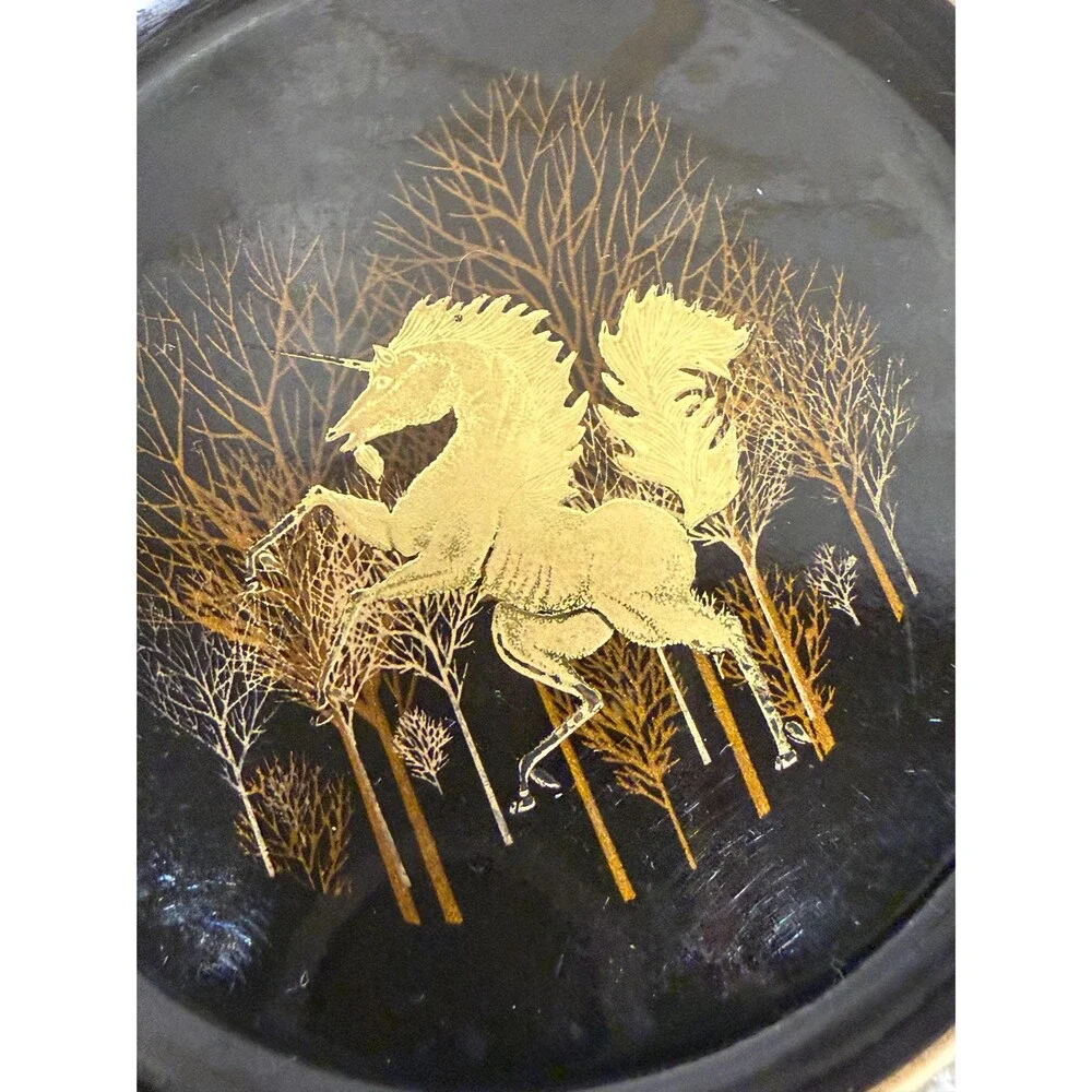 Vintage Otagiri Japan Black Gold Lacquer Unicorn Coaster Set with Lidded Box